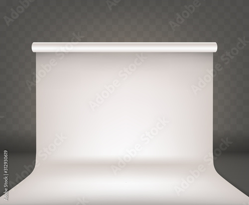 Photo studio empty interior with white blank background realistic vector. Professional photo equipment cyclorama, isolated on transparent background