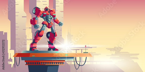 Red robot transformer standing on spaceship top against futuristic colonial background, cartoon vector illustration. Powerful robot transformed from car, alien invader, fantasy cyborg soldier