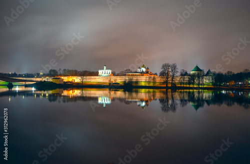 Night Kremlin, Sofiyskaya Embankment and Volkhov River. Velikiy Novgorod. Russia
