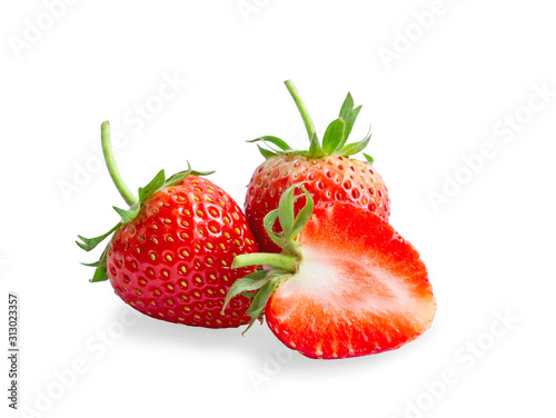 Group of fresh berry fruit , two round and a half sliced of red strawberry isolated on white background, di cut with clipping path