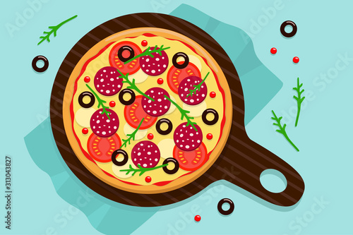 Vector drawing of a whole round pizza with tomatoes, pepperoni sausage, olives cheese and arugula on napkins Blue background.