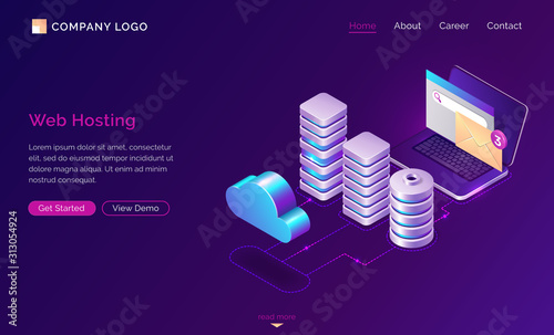 Web hosting, isometric concept vector web banner. 3D server icons, open laptop with unread message envelope, computing cloud and connections on ultraviolet background, landing page