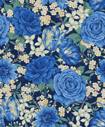 British chintz floral seamless pattern in classic blue colours