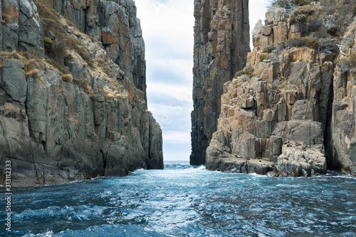 Water flowing through a rock formation, with seals on the cliff face. 