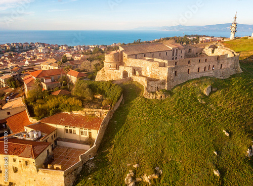 Aerial view of the Norman Swabian castle, Vibo Valentia, Calabria, Italy. Overview of the city seen from the sky, houses and rooftops