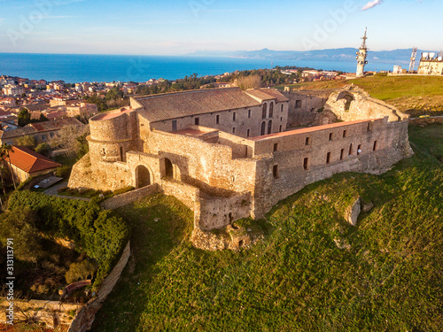 Aerial view of the Norman Swabian castle, Vibo Valentia, Calabria, Italy. Overview of the city seen from the sky, houses and rooftops