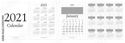 Classic gregorian calendar for 2021 year. A4 page 210x297mm. Week start sunday, elegant grid with Roman type, english language. Editable vector template for web and print design.