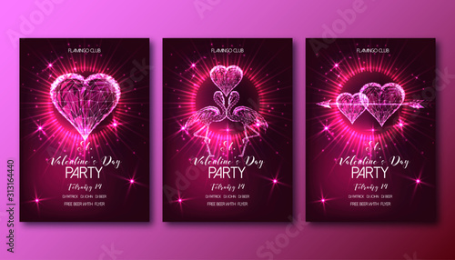 Valentines Day Party posters set with glowing low poly hearts, arrows, and flamingo couple.