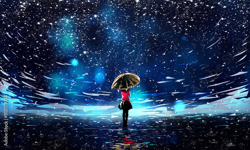 Beautiful Night Sky with Falling Rain and Umbrella Girl Illustration