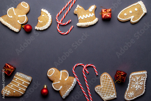 Gingerbread cookies, Christmas homemade gingerbread with empty copy space. Celebration cooking Winter concept. New year and Xmas postcard or invitation