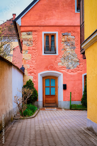 Old house street in Celje old town in Slovenia. Architecture in Slovenija. Travel