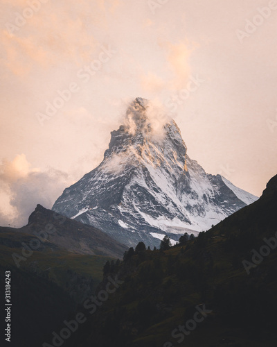 Sunset Capture of Matterhorn Mountain in the Swiss Alps with Pink Skies