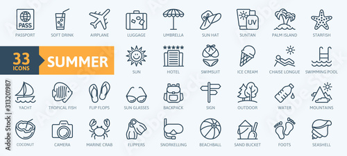 Summer, vacation, beach elements - minimal thin line web icon set. Outline icons collection. Simple vector illustration.