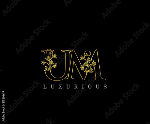 Golden U, M and UM Letter Classy Floral Logo Icon, Elegant Design.