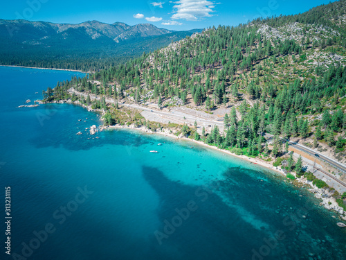 Aerial of boat in Emerald Bay, Lake Tahoe, Nevada