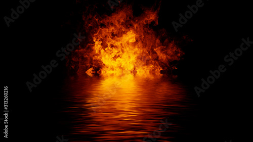 Blaze fire flame texture overlays on isolated background with water reflection.