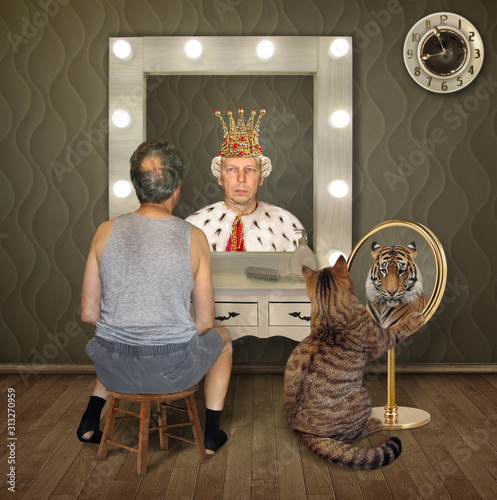 The balding man in a T-shirt and shorts and his cat examine their reflections in the mirrors. The first sees the king, and the second tiger.