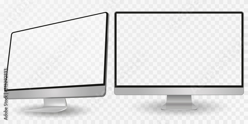 Computer display in two angles. Computer monitor isolated on transparent background eps10 vector. Desktop pc vector mockup.