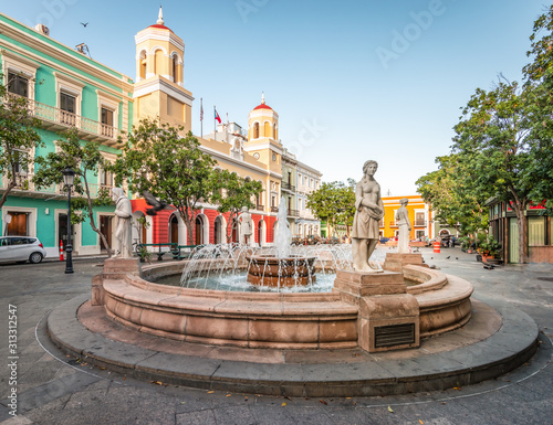 Plaza de Armas, town square with fountain in the city centre of Old San Juan, Puerto Rico.
