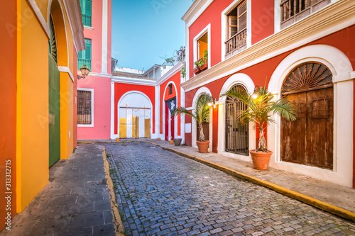 Cobblestone street in Old San Juan, Puerto Rico. Evening view.