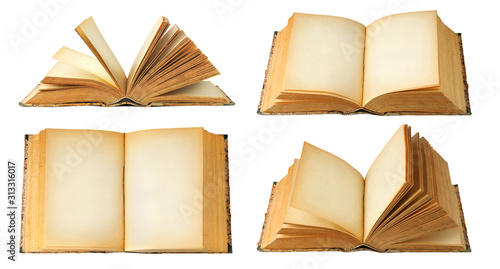 Isolated books with copy space. Collection of open old books with blank pages isolated on white background with clipping path