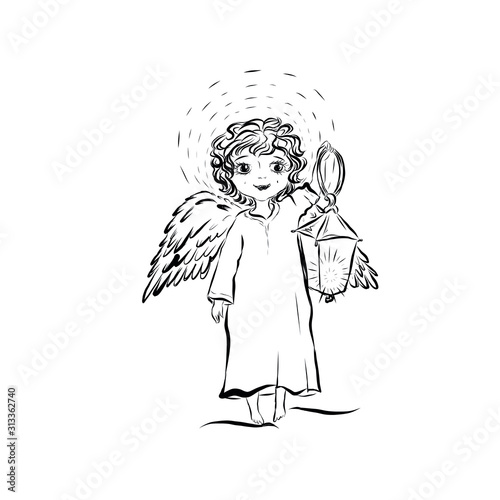 Happy baby angel with candlestick. Smiling man. Decor for greeting retro cards for Christmas, Easter and other religious holidays.