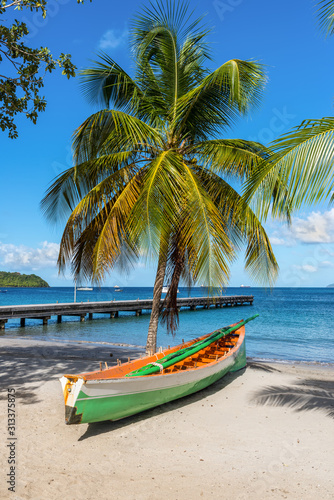 Wooden boat under a palm tree on the on tropical beach - the caribbean island of Martinique