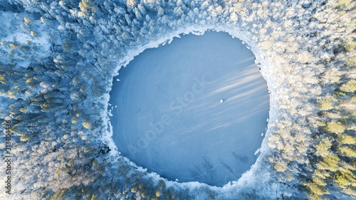 Ice on the lake. A frozen lake. Ice on the water's surface. Winter season.