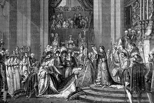 The coronation of Napoleon in the Cathedral of Notre Damme. 2nd. December 1804. Antique illustration. 1890.