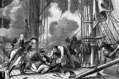 Death of Admiral Horatio Nelson, 1st Viscount Nelson. 1758-1805. HMS Victory 21 October 1805. Cape Trafalgar, Spain. Antique illustration.1890.