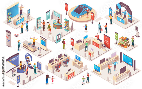 Expo center and trade show exhibition product display stands, vector isometric icons. Promo trade exposition demo stands and showcase booth racks or information desks, visitors and consultants people