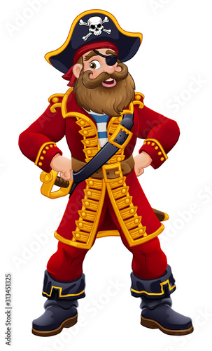 A friendly pirate cartoon character captain mascot with skull and crossed bones on his tricorne hat, eye patch and hands on hips
