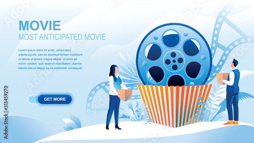 Movie flat landing page with header, banner vector template. Most anticipated movie, cinematography, film watching website layout. Viewers, moviegoers cartoon characters with popcorn