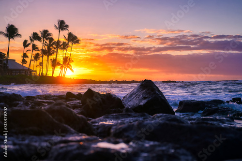 Sunrise over the coast of Kauai, Hawaii.