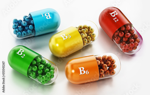 Various vitamin B pills isolated on white background. 3D illustration