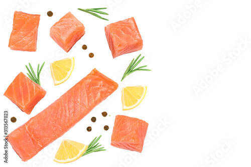 Slice of red fish salmon with lemon, rosemary isolated on white background with copy space for your text. Top view