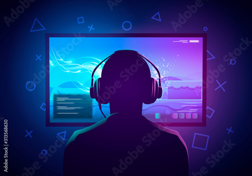Vector Illustration Young Gamer Sit In Front Of A Screen And Playing Video Game. Wearing Headphone. 