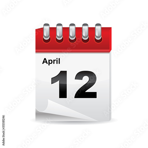 Icon calendar day - 12 April. Leap, intercalary year. Vector illustration flat style. Date day of month Sunday, Monday, Tuesday, Wednesday, Thursday, Friday, Saturday. Holidays in February