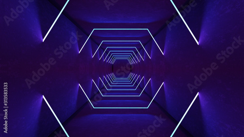 Night club interior lights 3d render for laser show. Glowing lines. Abstract fluorescent background. Neon room corridor background. Light abstract futuristic design. Modern geometric glow interior