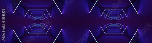 Night club interior lights 3d render for laser show. Glowing lines. Abstract fluorescent background. Neon room corridor background. Light abstract futuristic design. Modern geometric glow interior