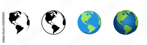 Earth Globe in different designs. World Map in circle. Earth Globes collection. World Map in modern simple styles. Earth Map, isolated on white background. Globes web icon. Vector