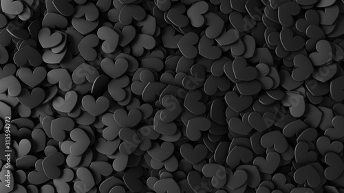 Heap from many small black hearts. Valentine day design concept. Love background. 3D rendering image.