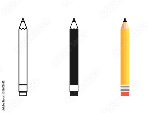 Pencil in different designs. Pencil with Rubber eraser, isolated on White background. Pencil with rubber eraser in modern simple flat design. Pencils vector icons. Vector
