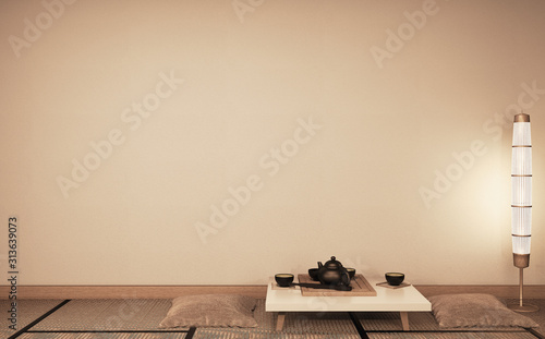Mock up empty wall Ryokan living room japanese style with tatami mat floor and decoration.3D rendering