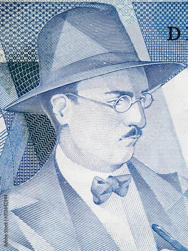 Fernando Pessoa (1888-1935) portrait on Portugal 100 escudo (1988) close up. Famous portuguese poet and writer.