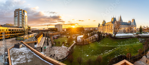 Panoramic view of Cultural Palace and central square in Iasi city, Romania