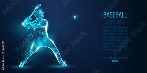 Abstract baseball player from particles, lines and triangles on blue background. All elements on a separate layers, color can be changed to any other. Low poly neon wire outline geometric. Vector