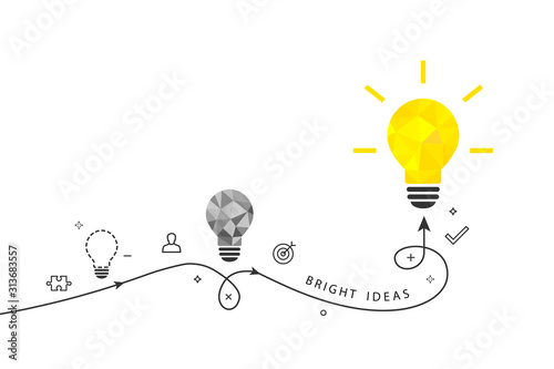 Bright ideas and innovation concept with shining light bulb and process route isolated on white background