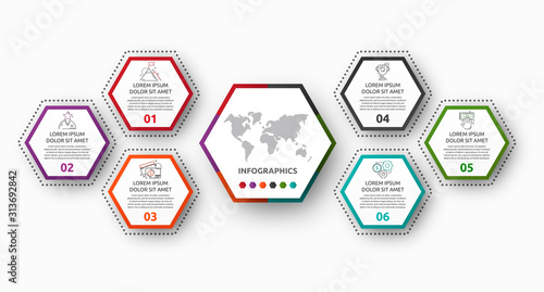 Vector infographic with main pentagon and 5 small pentagons. Used for five diagrams, graph, flowchart, timeline, marketing, presentation. Creative business concept