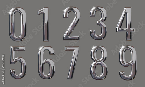 Set of 3D numbers with glossy metal texture (chrome, steel, silver) isolated on gray background, premium bold font design for poster, banner, invitation